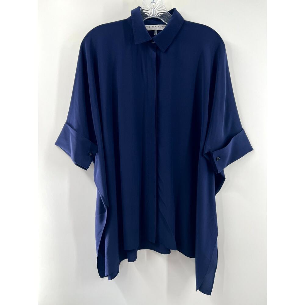 Trina Turk Women's Navy Blue Silk Raglan Sleeve Button Front Blouse Size Small